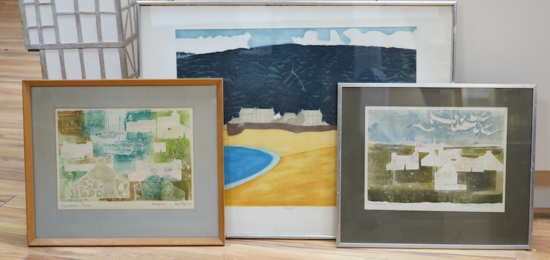 John Stops (1925-2002), two monoprints comprising: Pembrokeshire harbour and Farm settlement, Pembrokeshire, each signed in pencil together with John Brunsdon, etching with aquatint limited edition 32/75, largest 58 x 76